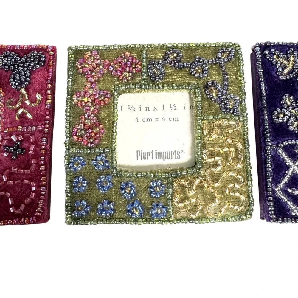 NFS Set Of 3 Pier One Imports Velvet & Beaded 1.5 x 1.5 Mini Photo Frames, NEW